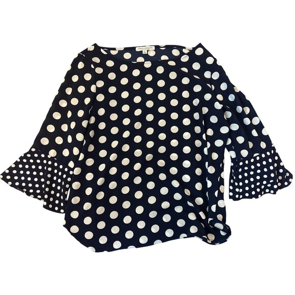 Green Envelope Los Angeles Navy & White Polka Dot Bell Sleeve Top L - Picture 1 of 5